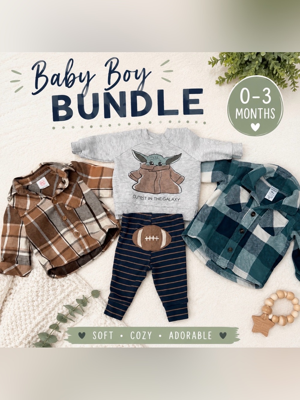 #13- Baby Boy 🏈 Bundle 0-3M 4Pc with 🌠 Star Wars, Football and Plaid Shirts